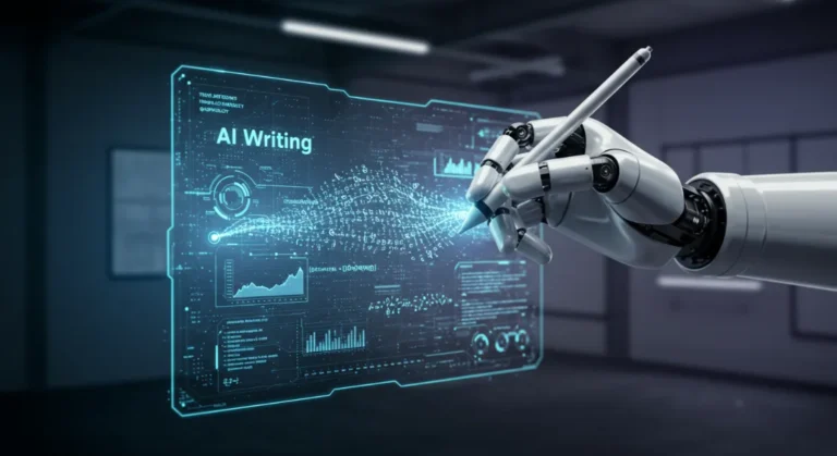 AI writing technology. Robotic hand holding pen over digital screen.