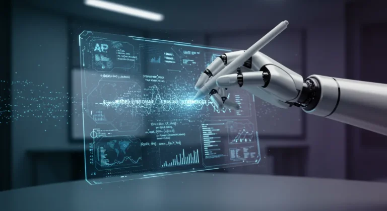 AI writing tech evolution: Robotic hand writing code on transparent screen.