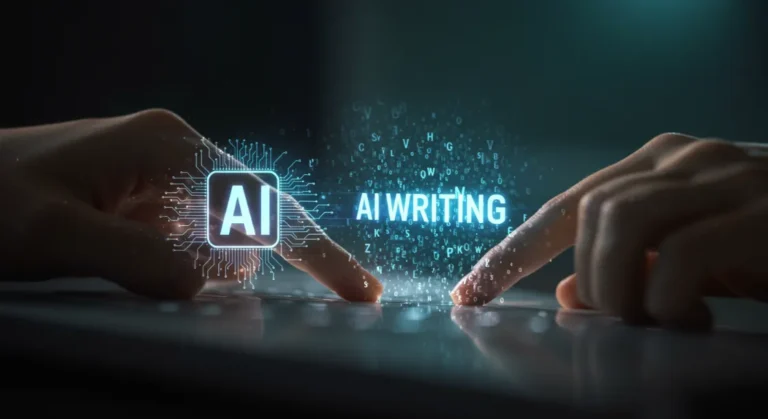 AI Writing Technology: Hands typing on keyboard with digital "AI Writing" overlay.