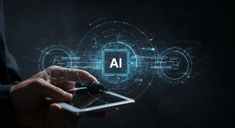 AI Writing Technology evolution: Hand using stylus on tablet with AI icon.