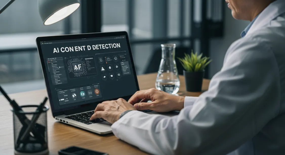 AI Content Detection software on laptop. Man in lab coat types.