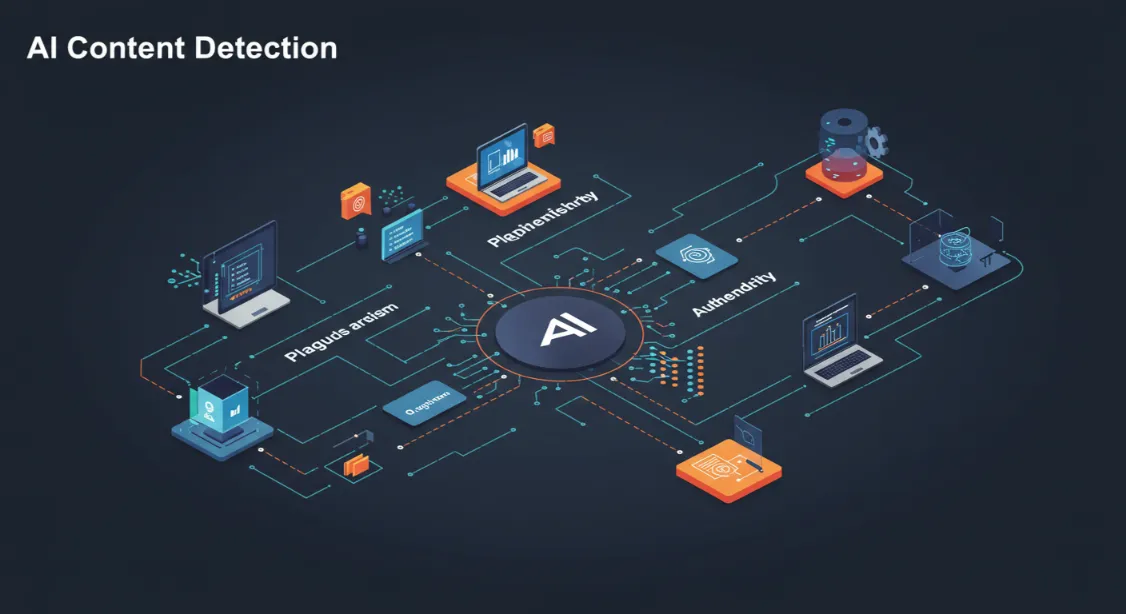 AI content detection diagram illustrating authenticity, plagiarism, and optimization processes.