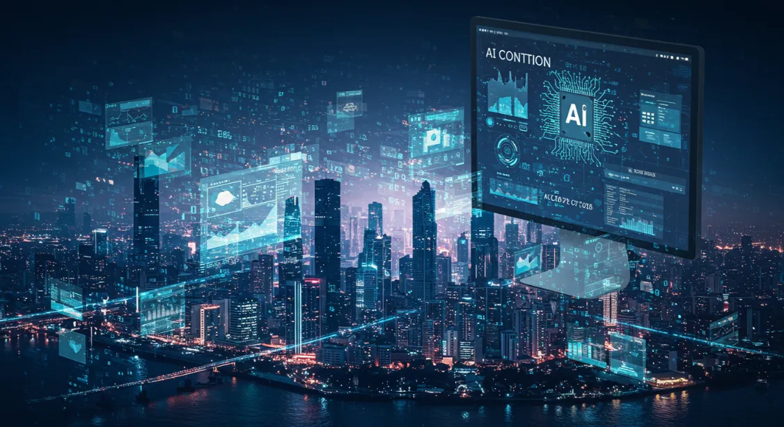 AI content detection visualization: futuristic cityscape with digital overlays and data analysis.