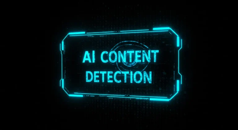 AI content detection. Neon text in futuristic frame.