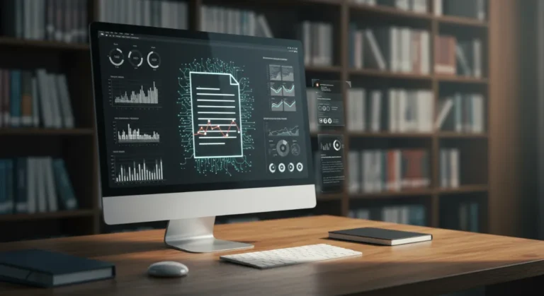 AI detection tech on a computer screen with data graphs & library background.