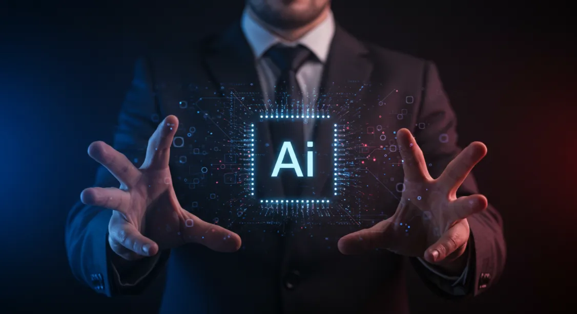 AI technology displayed with glowing circuit board effect and outstretched hands.