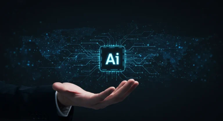 Hand holding glowing AI chip with circuit board. Artificial Intelligence technology concept.
