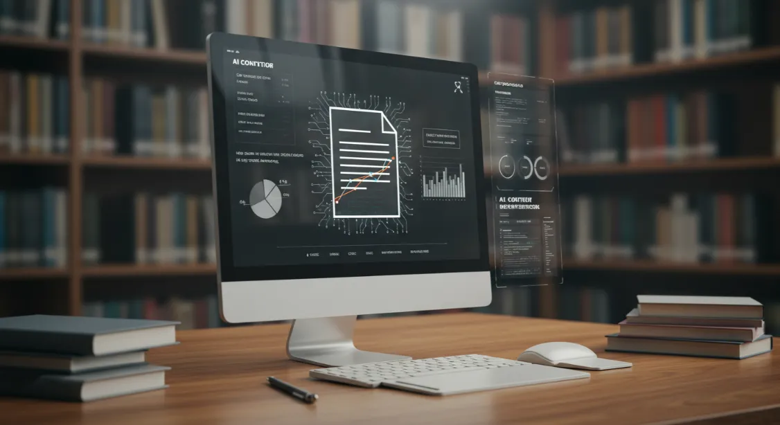 AI detection tech illustrated on a computer screen. Library background.