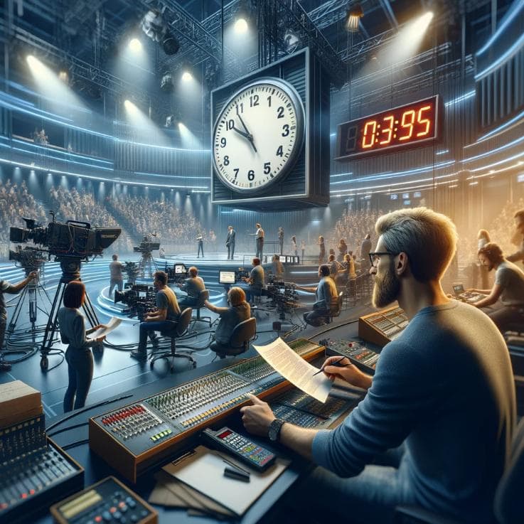 The Importance of Script Timing in Production: This scene depicts a bustling television studio, emphasizing the crucial role of script timing in ensuring smooth broadcasts and live events.