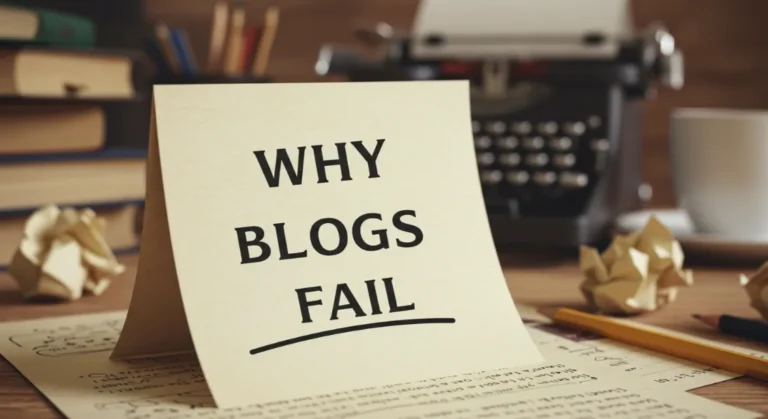 Why Blogs Fail card on a writer's desk with typewriter.