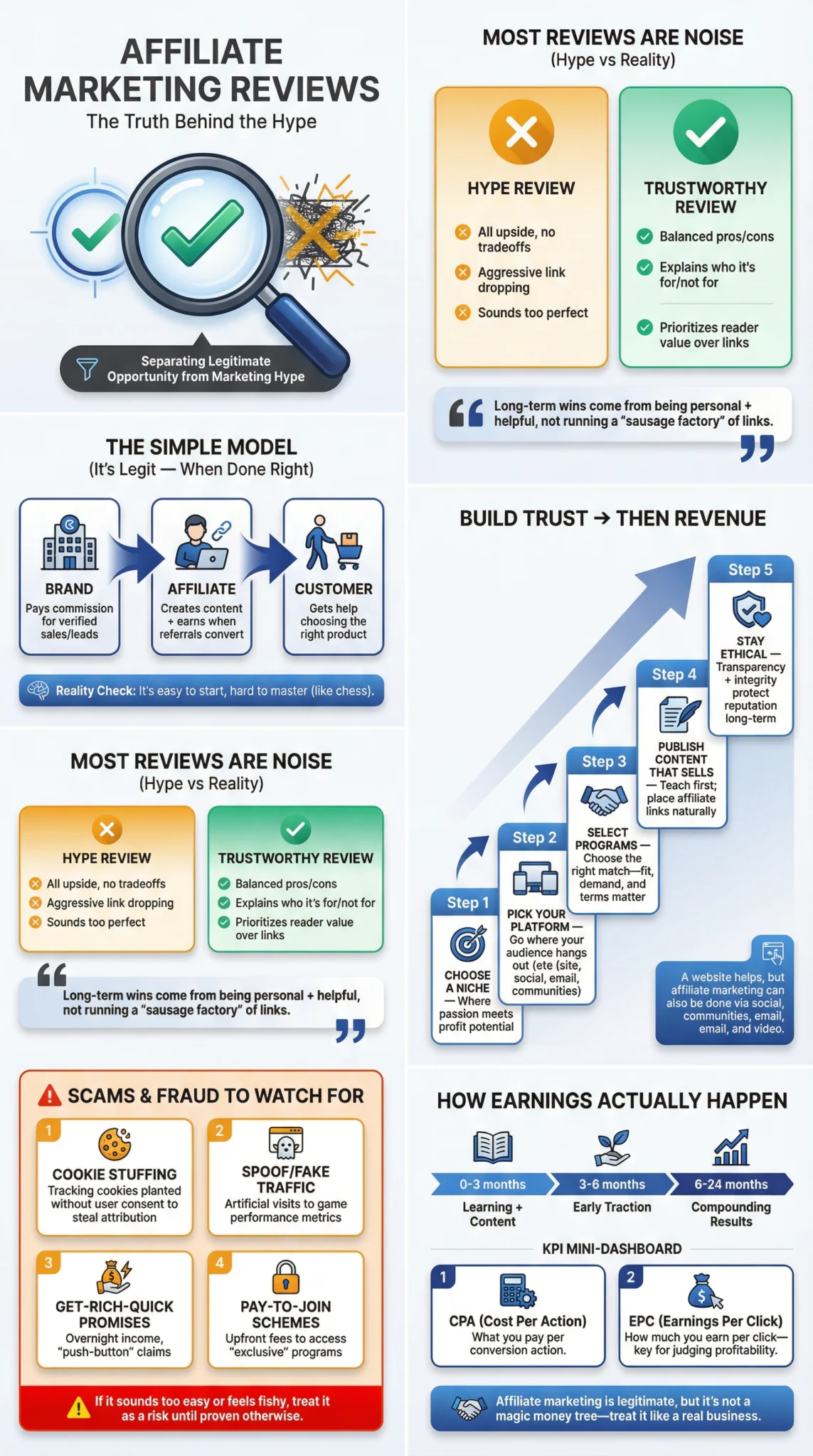 Affiliate marketing infographic showing reviews, hype vs reality, scams, and how to build trust for legitimate affiliate marketing opportunities