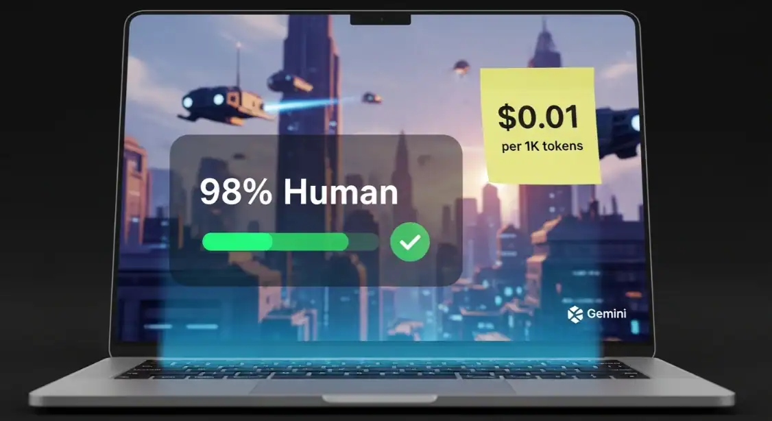 Gemini AI Human Detection. 98% Human score on a laptop display.