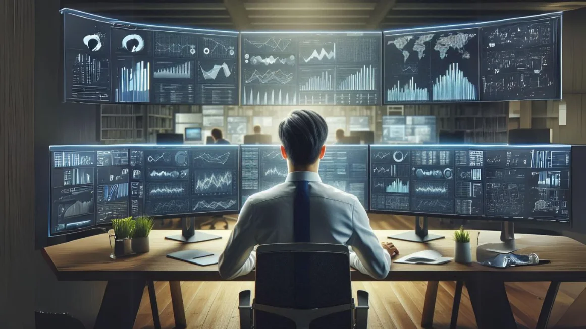 An AI-powered affiliate marketer sitting at a desk with multiple computer screens displaying graphs and charts, analyzing data to optimize performance.