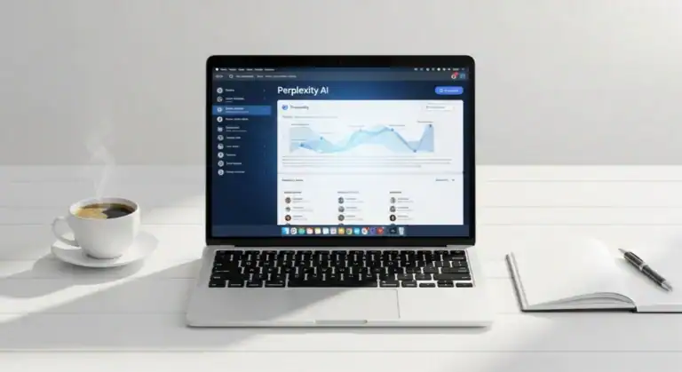 Perplexity AI dashboard on laptop with coffee and notebook. AI for affiliate marketing concept.