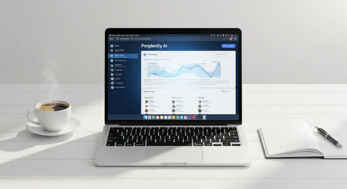 Perplexity AI dashboard on laptop with coffee and notebook. AI for affiliate marketing concept.