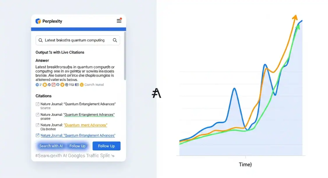 Perplexity AI interface with citations &amp; growth chart. AI-powered content for affiliate marketing in 2025.