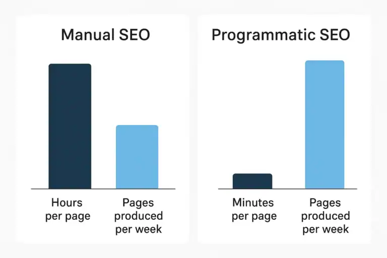 Manual vs. Programmatic SEO comparison chart: time per page & pages produced.