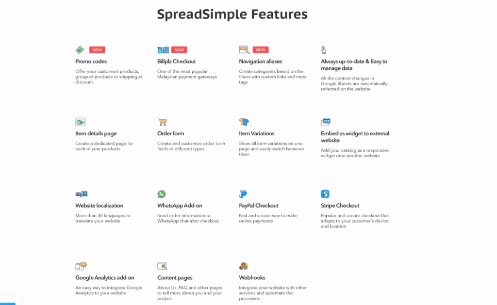 SpreadSimple key features