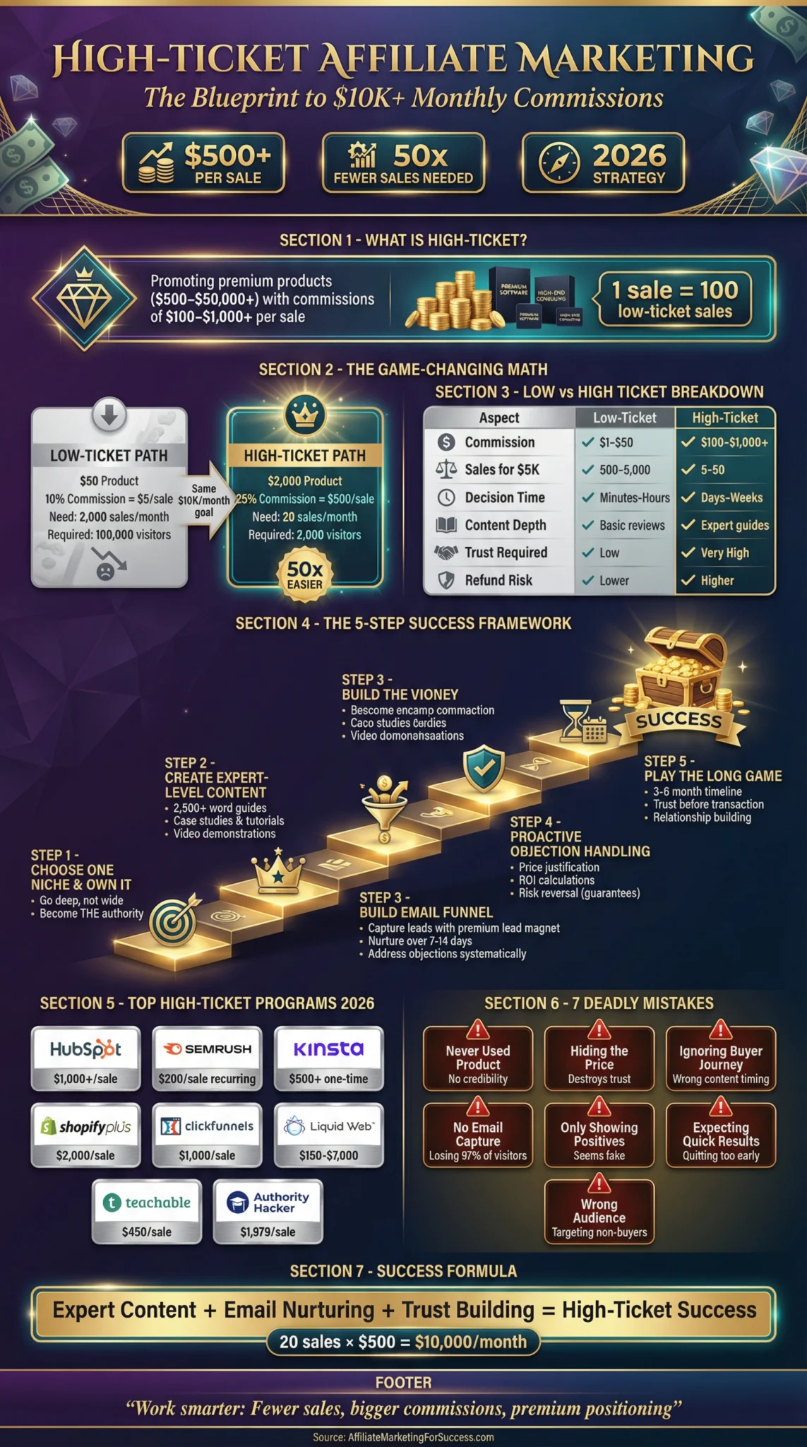 High Ticket Affiliate Marketing infographic showing strategies for achieving $10K+ monthly commissions with premium products and expert content
