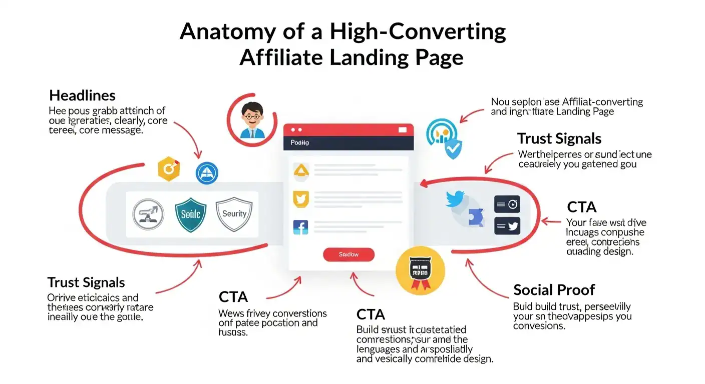 Anatomy of a high-converting affiliate landing page, including headlines, CTAs, and trust signals.