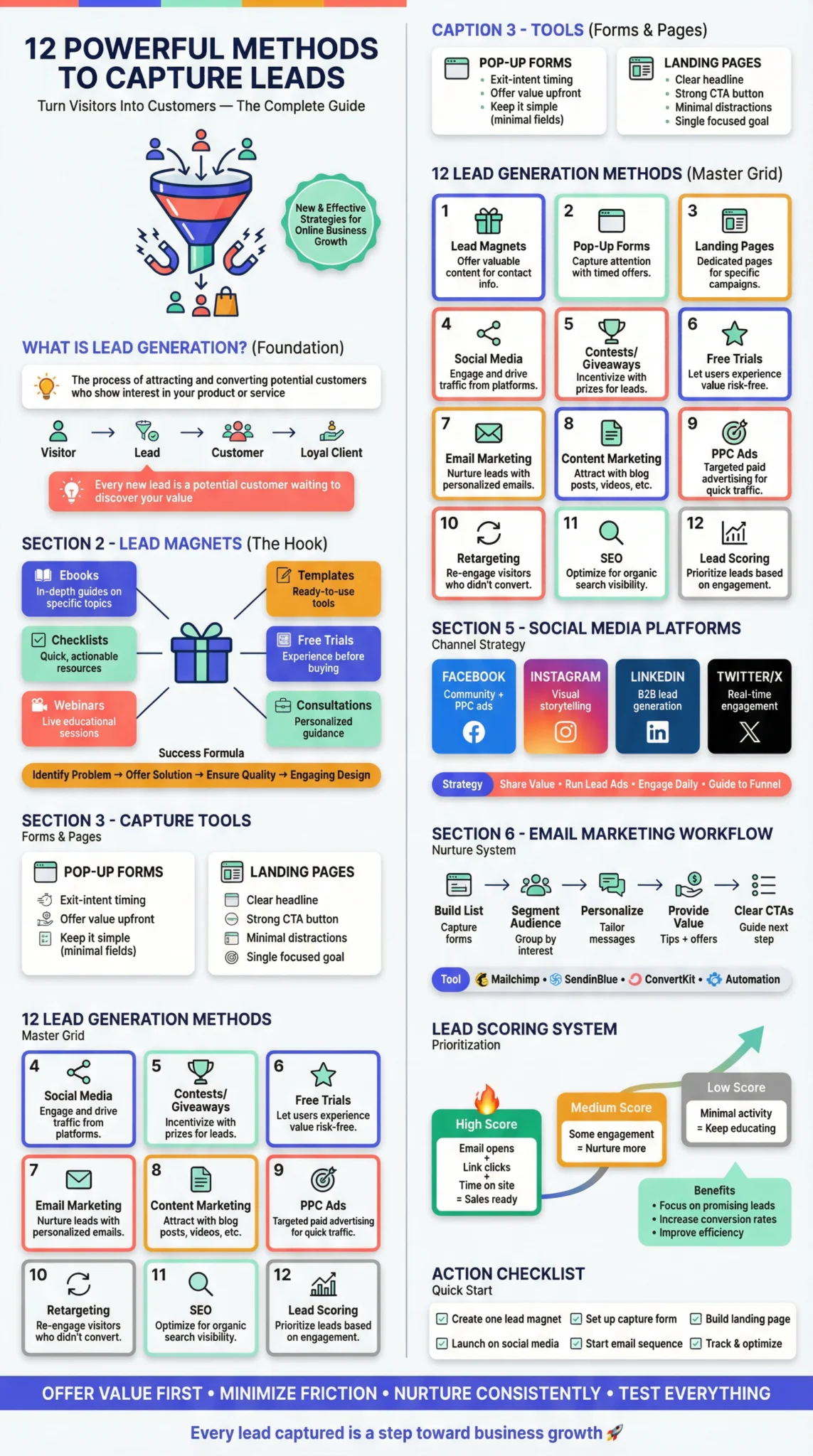 Lead generation infographic showing 12 methods including social media, email marketing, and landing pages