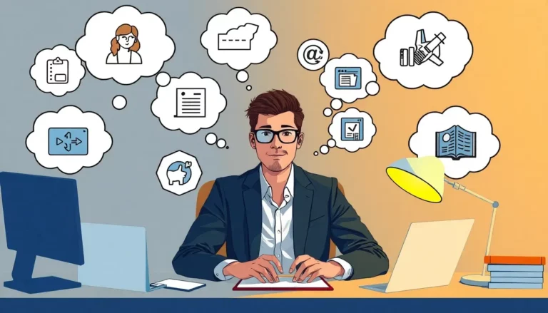 A person brainstorming niche ideas with thought bubbles containing icons representing different niches- 2024-10-01 18.45.51