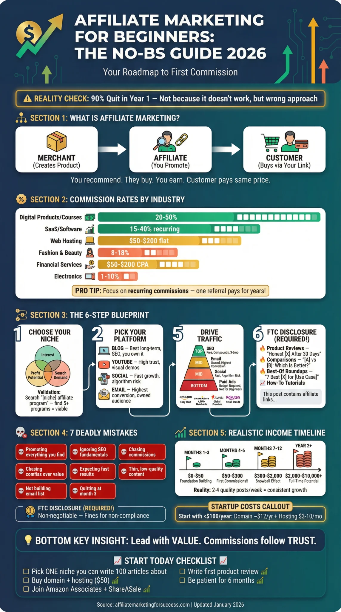 Affiliate marketing infographic for beginners. Shows commission rates, platform choices, and step-by-step guide to earning commissions.