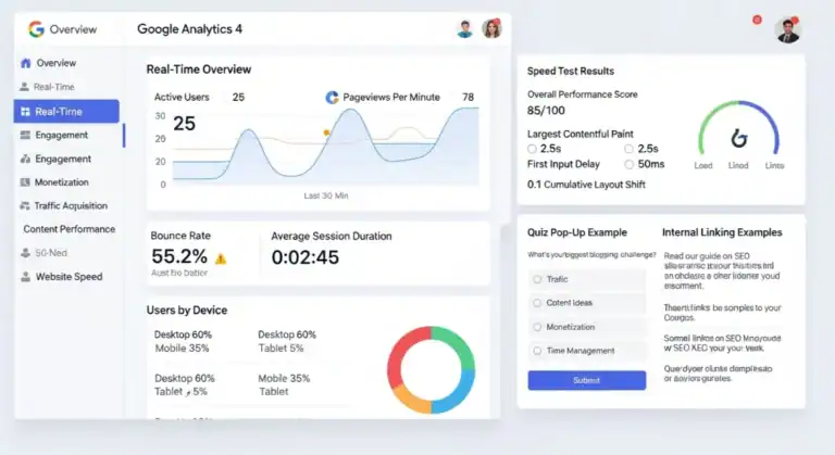 Google Analytics 4 dashboard showing bounce rate and website speed metrics.