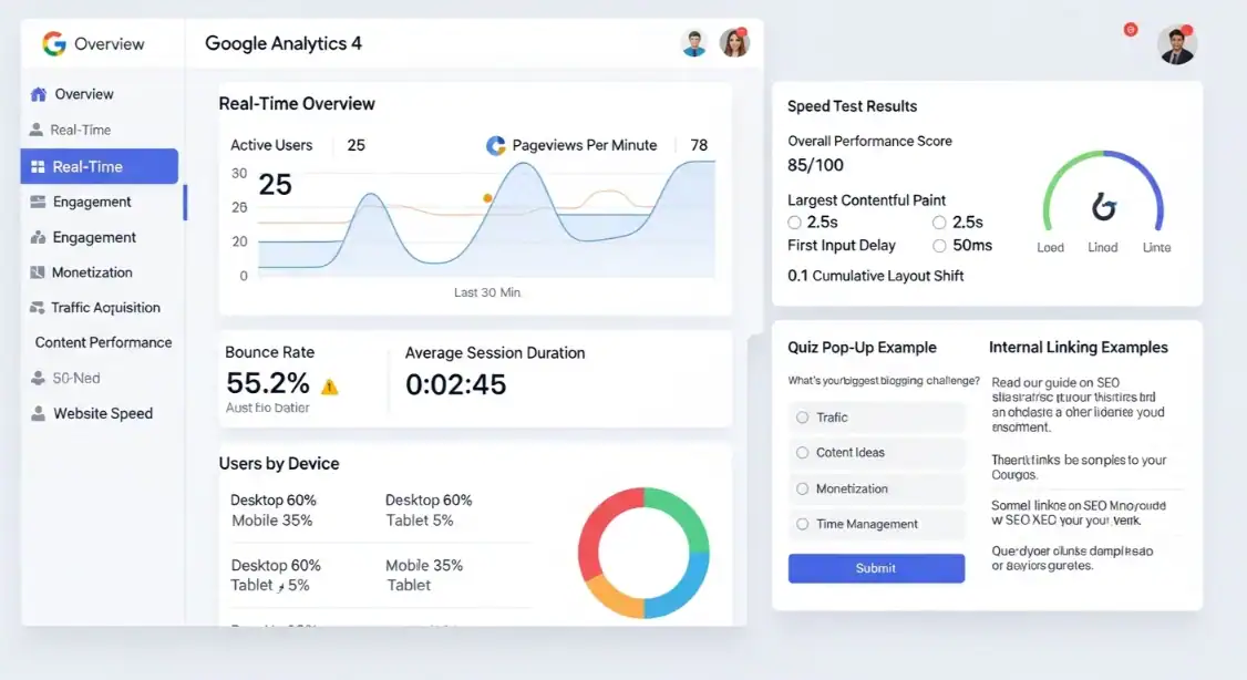 Google Analytics 4 dashboard showing bounce rate and website speed metrics.