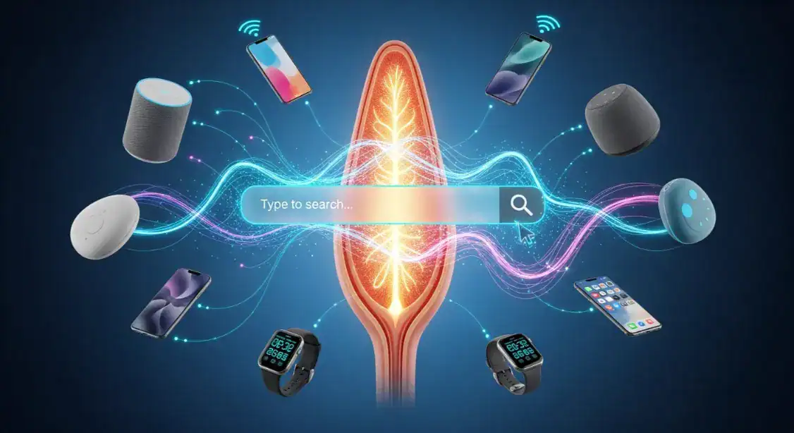 Voice search SEO visualization: Devices connected to a search bar.