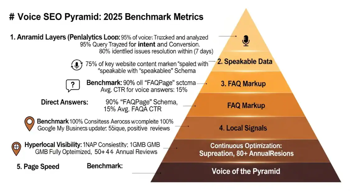 Voice SEO Pyramid infographic showing the hierarchy of optimization factors for 2025 benchmark metrics.