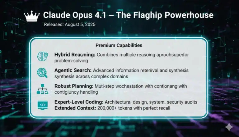 Claude Opus 4.1: Flagship AI model capabilities. Hybrid Reasoning, Agentic Search, Robust Planning, Expert Coding.