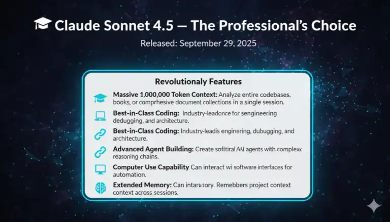 Claude Sonnet 4.5 features: 1M token context, best-in-class coding, advanced agent building, extended memory.