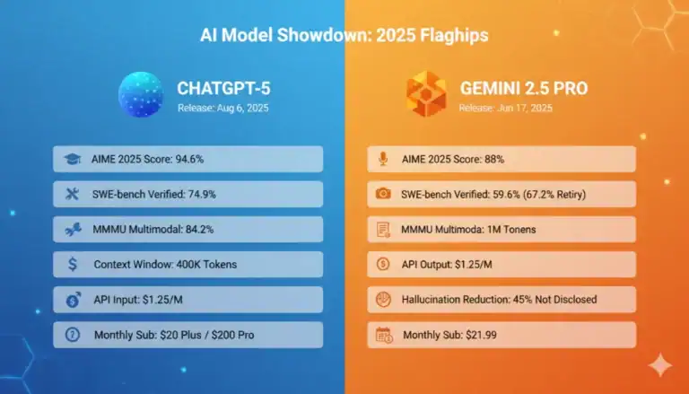 ChatGPT-5 vs Gemini 2.5 Pro: AI Model comparison of scores, release dates, and features for 2025 flagship models.