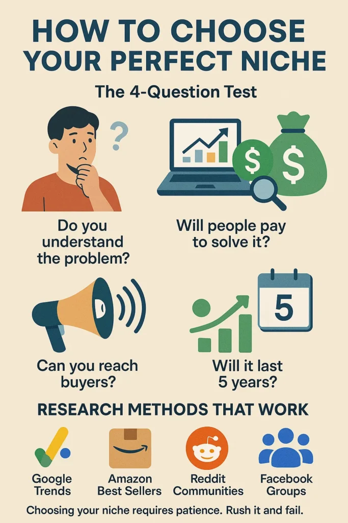 Affiliate niche selection: 4-question test & research methods for profitability.