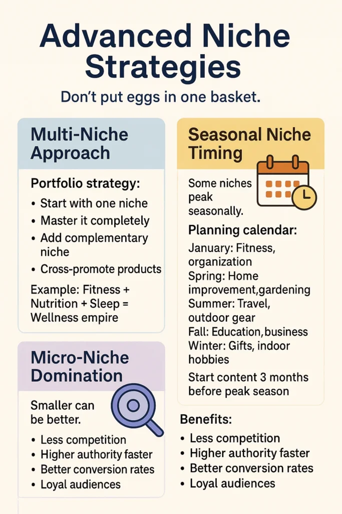 Affiliate niche strategies infographic: multi-niche, seasonal niche timing, and micro-niche domination.