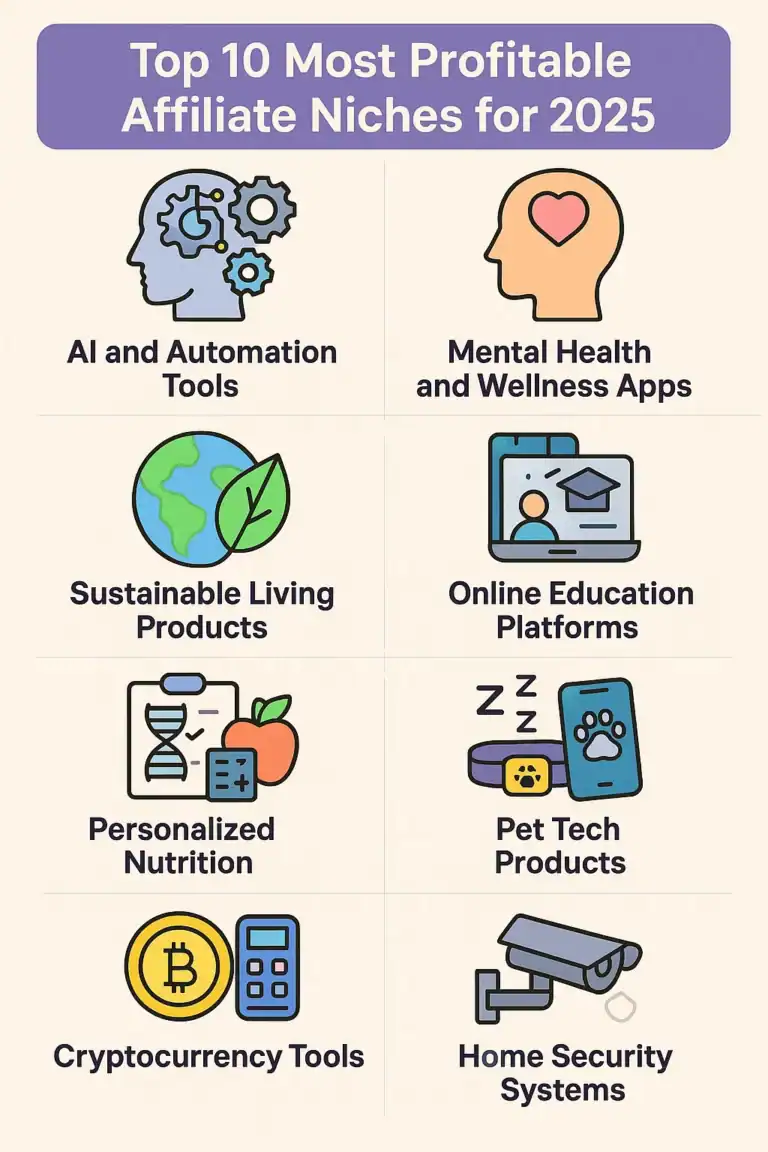 Top affiliate niches 2025: AI, mental health, sustainable, education, nutrition, pet tech, crypto, security.