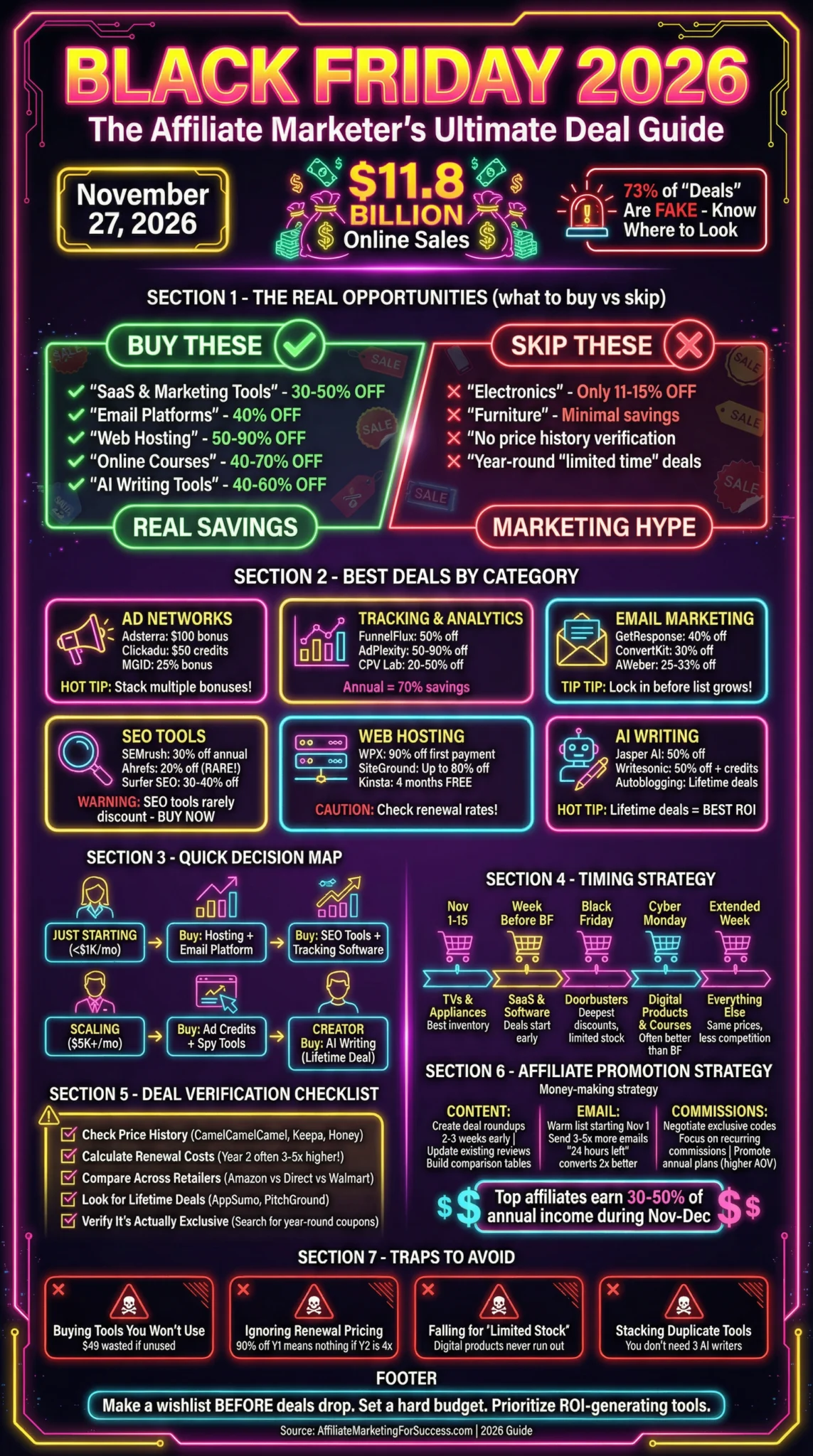 Black Friday 2026 infographic with affiliate marketing tips, best deals, and strategies for online marketers