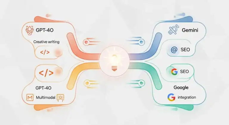 GPT-4o and Gemini Google integration diagram showing creative writing, SEO, and multimodal capabilities.
