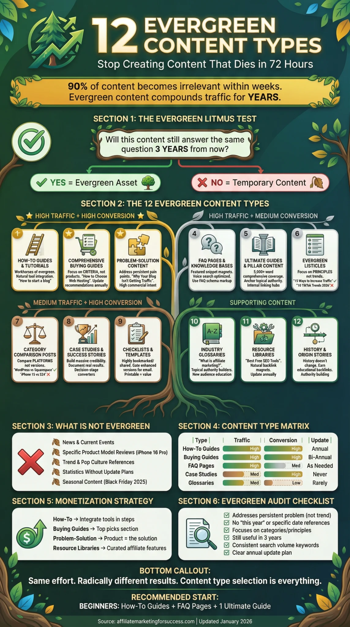 SEO infographic showing 12 evergreen content types, including how-to guides, buying guides, and FAQs, designed to drive consistent traffic for years