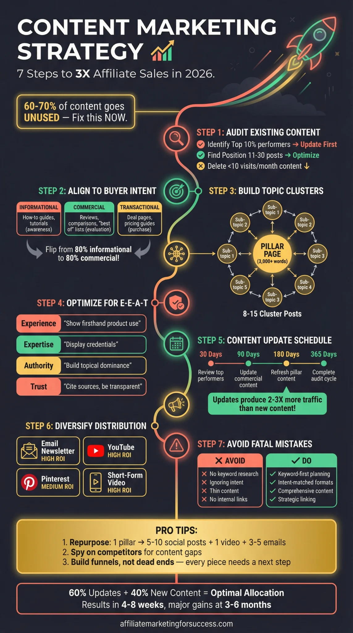 SEO infographic showing content marketing strategy with steps, buyer intent, and optimization techniques