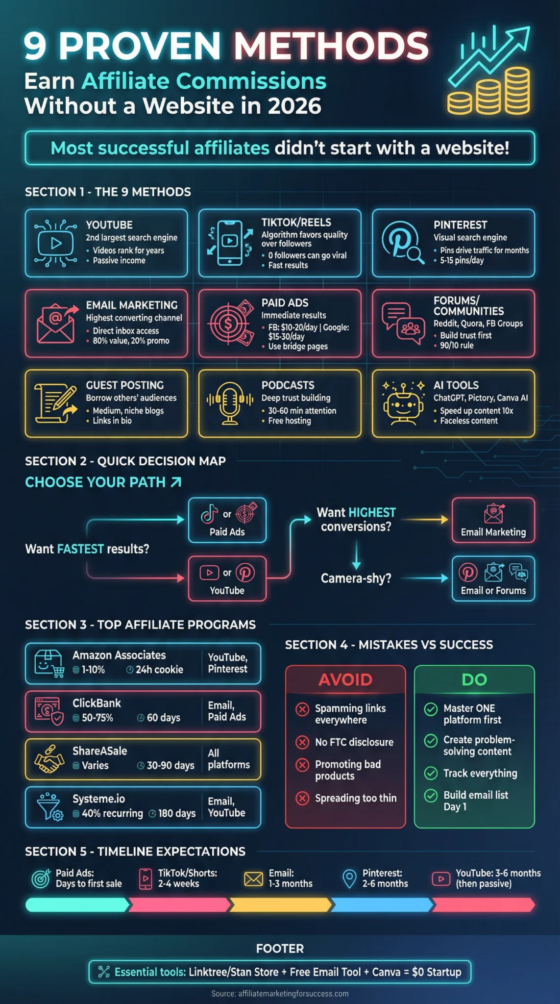 Infographic showing 9 methods for earning affiliate commissions without a website in 2026. Includes YouTube, TikTok, Pinterest, email marketing, paid ads, forums, guest posting, podcasts, and AI tools. Colorful design with icons and text.