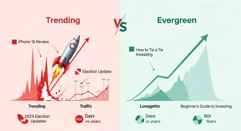 Trending vs. Evergreen Content: Comparison chart of traffic & ROI over time. iPhone 15 vs. How to Tie a Tie examples.