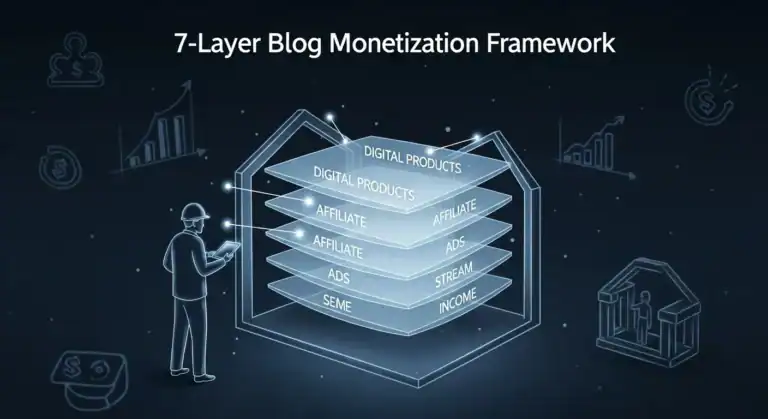 Estrutura de monetização do blog de 7 camadas: produtos digitais, afiliados, anúncios, fluxo, renda. Modelo de negócios do blog.