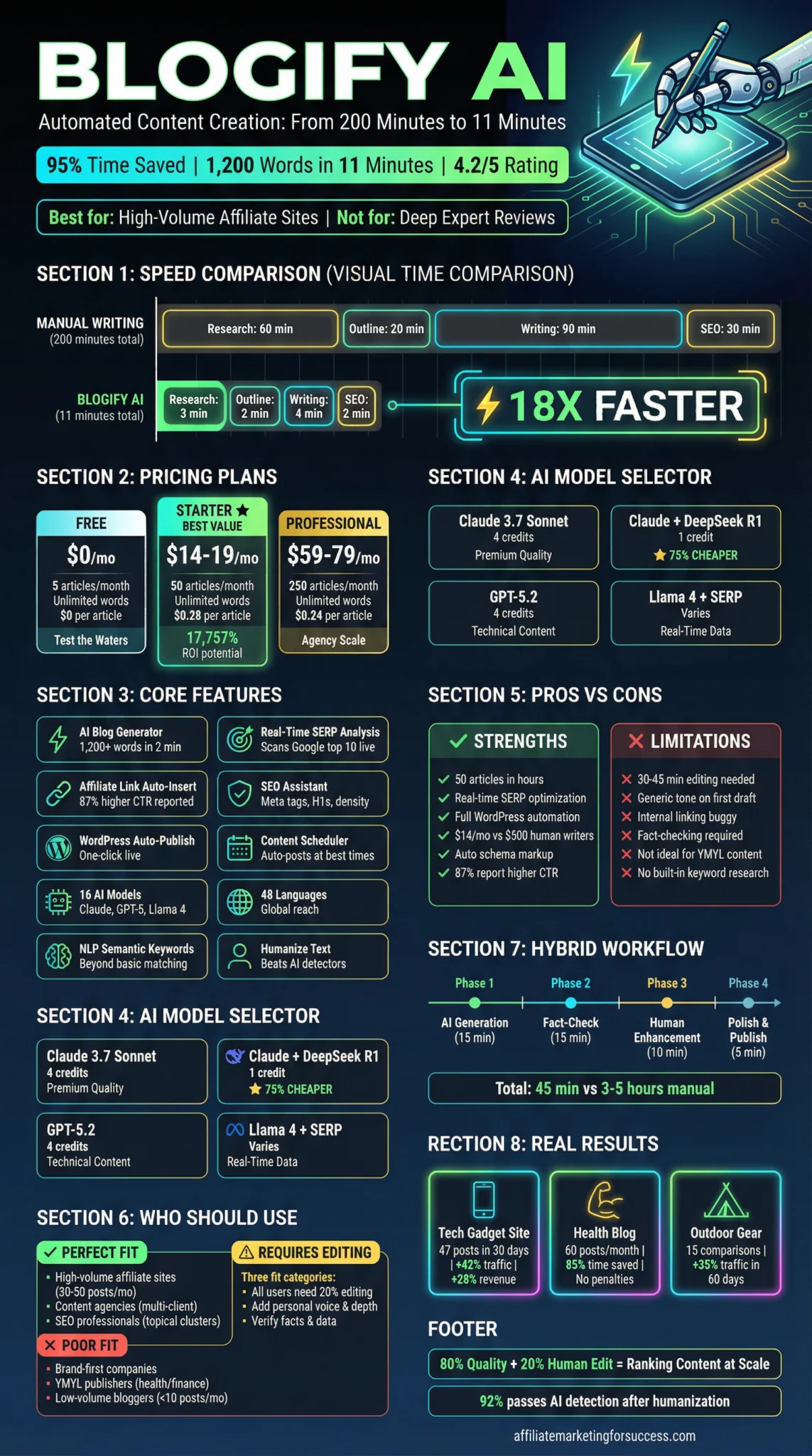 Blogify AI poster showing robot hand writing on tablet, highlighting 95% time saved and 18x faster content creation