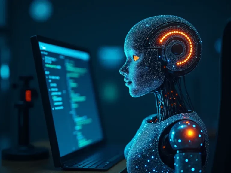 Futuristic robot figure intently looking at a computer screen displaying code, visually representing the application of AI in SEO for automating tasks, analyzing data, and improving search engine optimization strategies.