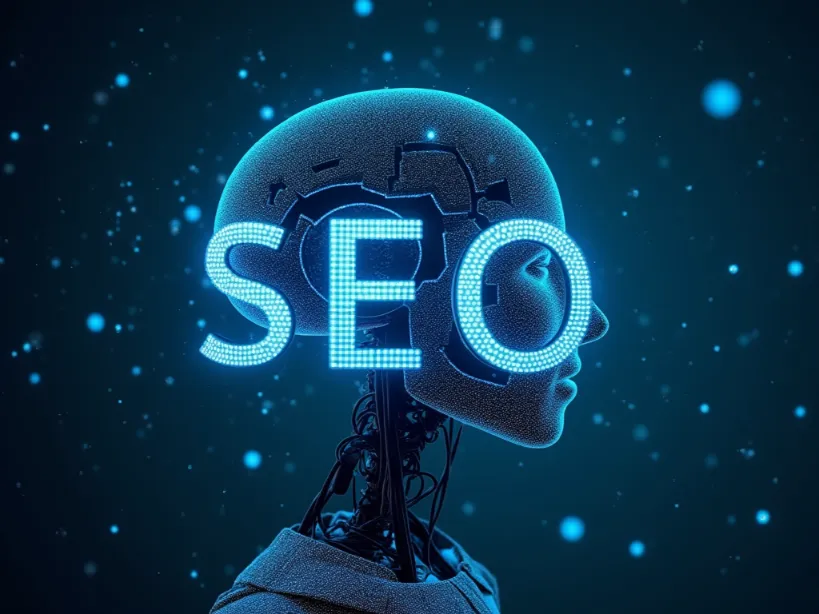 Striking image of a robot's head with the word "SEO" illuminated and integrated into its face, symbolizing the powerful and transformative role of AI in SEO and the future of search engine optimization techniques.