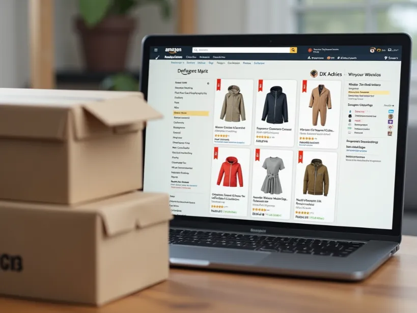 Laptop showing a selection of Amazon products (clothing), Diverse product selection available for promotion through Amazon