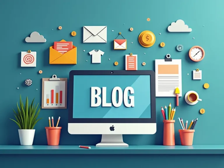Flat lay image of a desk setup with a computer screen displaying "BLOG," surrounded by icons representing blog monetization strategies such as email marketing, advertising (dollar signs), content creation (documents), performance tracking (charts), and time management (clock), illustrating a visual overview of blog monetization strategies.