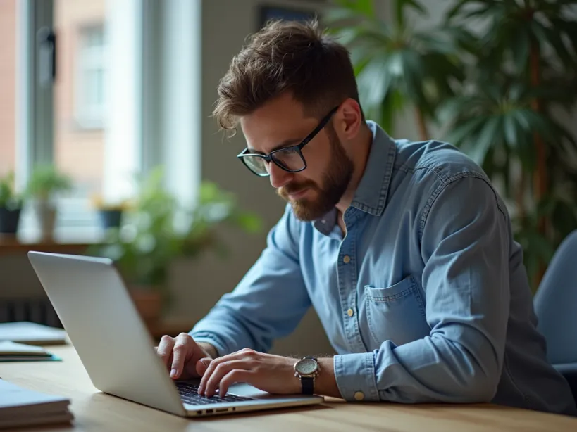 A man working on a laptop analyzing Google PageSpeed Insights. The focus is on the use of Google PageSpeed insights and its impact on SEO.